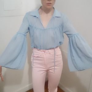 Blue flounce chiffon boho blouse
